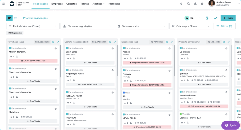 Funil de vendas no RD CRM com etapas e negociações integradas ao RD Marketing